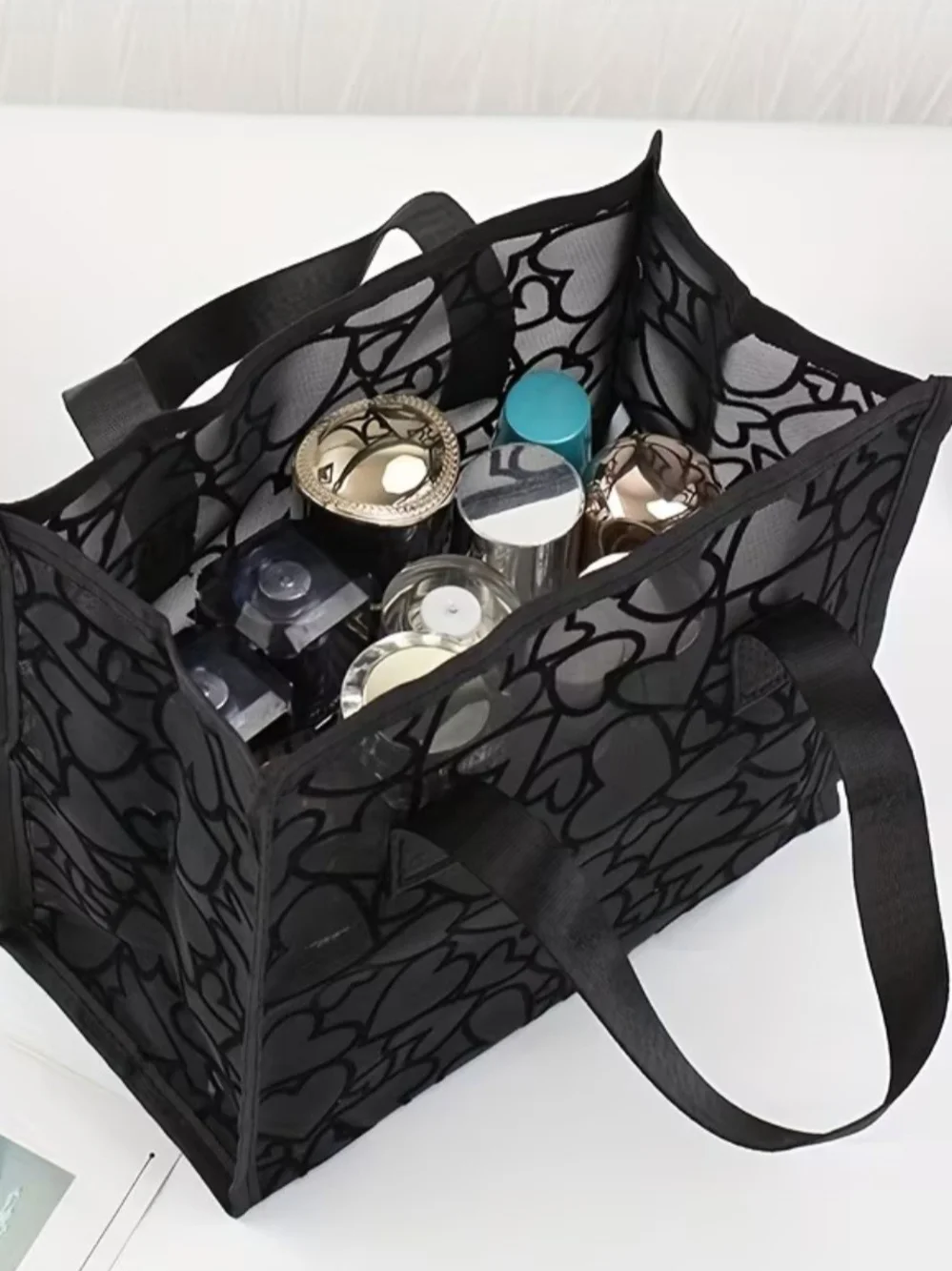 Black Heart Pattern Mesh Tote Organizer Bag -